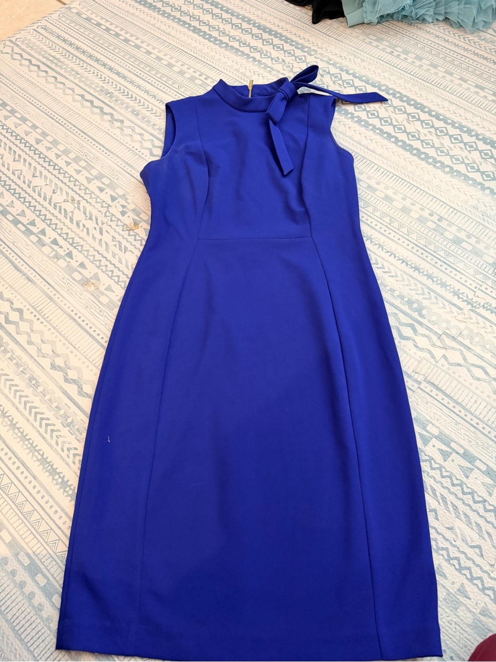 Calvin Klein Sleeveless Midi Sheath Dress in Royal Blue with Shoulder Tie